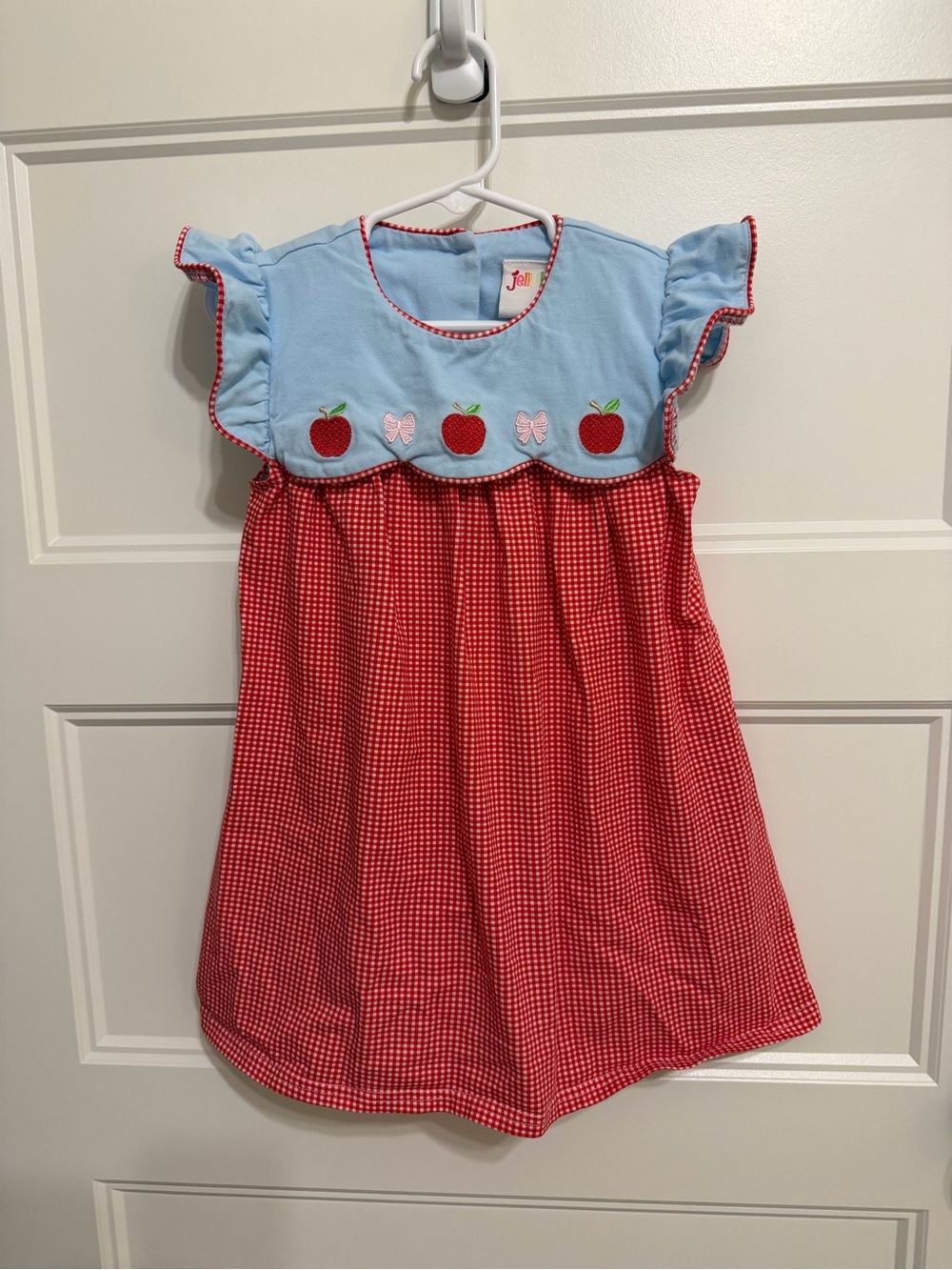 Red Gingham Dress with Light Blue Bib and Apple Embroidery